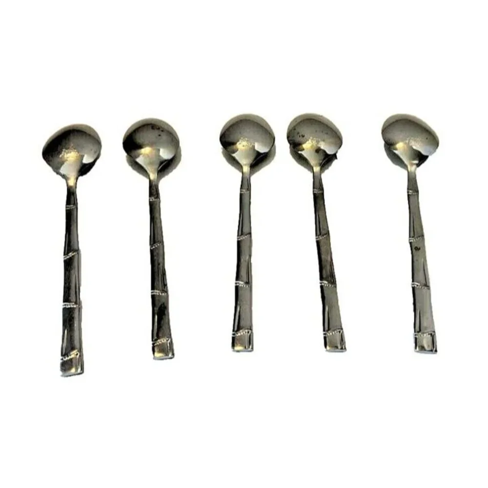 PRESENT Japan Stainless BORNES Line‎ 5 Spoons Dotted Bamboo Handle 7.5